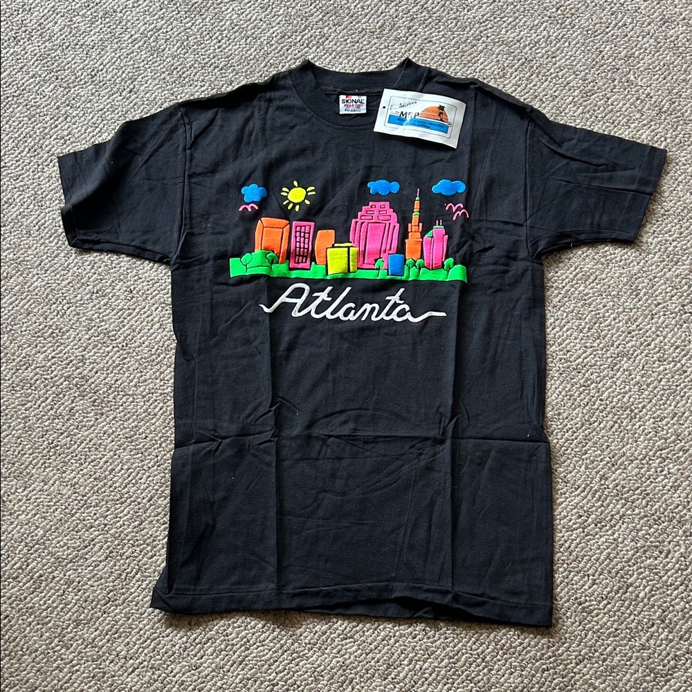 Vtg 80s 90s Signal sports black puffy paint neon Atlanta tee shirt sz M NWT